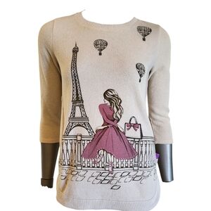 263. LOVE + LACE Paris themed sweater embellished with rhinestones- Size Small